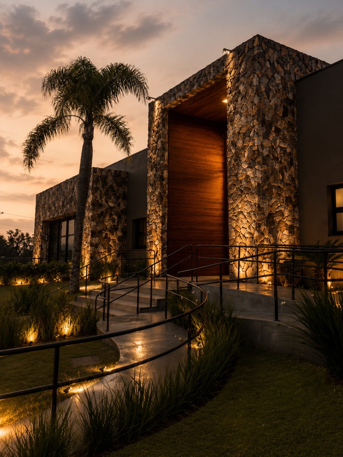 Casa de clube em pedra ao entardecer, com iluminação e paisagismo